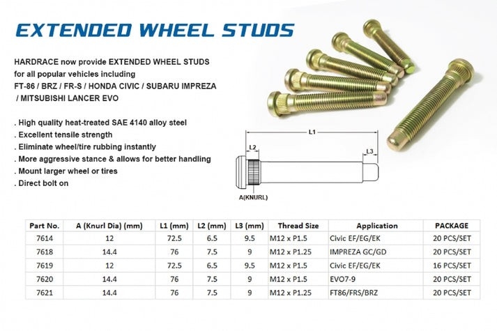 HARDRACE Extended Wheel Studs M12 x 1.5  20 pcs/set