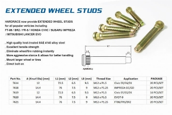 HARDRACE Extended Wheel Studs M12 x 1.5  20 pcs/set