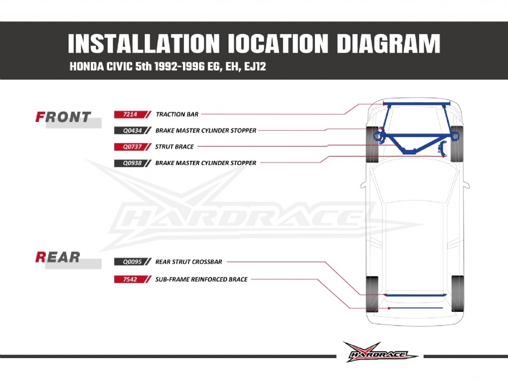 Hardrace - Front Traction Bar - 7 pcs/set (INTEGRA DC2 04-01, CIVIC 5th EG, EH, EJ1/2 HONDA CIVIC 6th 1996-2000 EK3/4/5/9, EJ6/7/8/9, EM1)